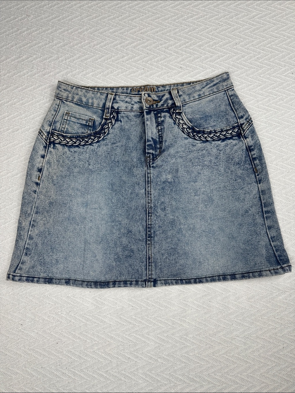 Cream Washed Blue Denim Mini Skirt with Braided Trim pockets western boho Y2K